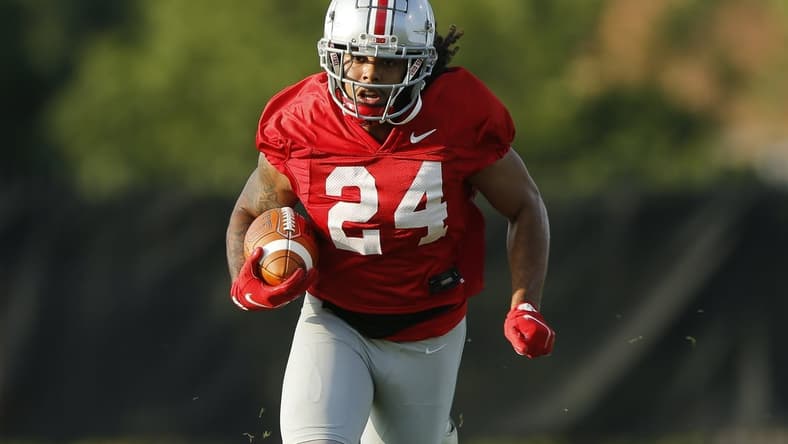 Ohio State Buckeyes running back Marcus Crowley (24) runs upfield during Ohio State's first football practice of fall camp at the Woody Hayes Athletic Center in Columbus on Wednesday, Aug. 4, 2021.

Ohio State Football First Practice