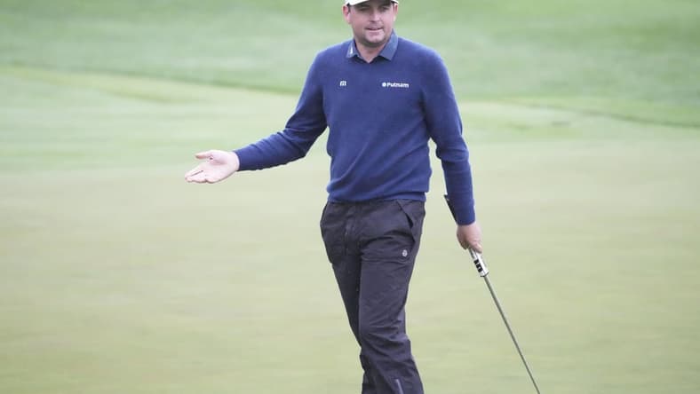 May 7, 2022; Potomac, Maryland, USA; Keegan Bradley reacts after missing a putt on the seventh hole during the third round of the Wells Fargo Championship golf tournament. Mandatory Credit: Mitch Stringer-USA TODAY Sports