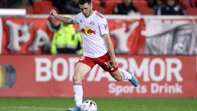 May 7, 2022; Harrison, New Jersey, USA;  New York Red Bulls midfielder Lewis Morgan (10) shoots the ball against the Portland Timbers during the second half at Red Bull Arena. Mandatory Credit: Vincent Carchietta-USA TODAY Sports