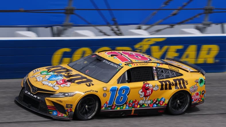 May 8, 2022; Darlington, South Carolina, USA; NASCAR Cup Series driver Kyle Busch (18) races during the Goodyear 400 at Darlington Raceway. Mandatory Credit: Jasen Vinlove-USA TODAY Sports