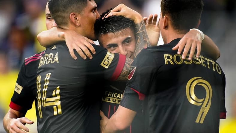 Atlanta United midfielder Thiago Almada, center, celebrates his goal against Nashville SC during the first half of a U.S. Open Cup Match at Geodis Park in Nashville, Tenn., Wednesday, May 11, 2022.

Nsc Au Soc 051122 An 004