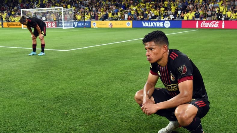 May 11, 2022; Nashville, Tennessee, USA; Atlanta United defender Ronald Hernandez (2) reacts after an overtime loss against the Nashville SC at Geodis Park. Mandatory Credit: Christopher Hanewinckel-USA TODAY Sports