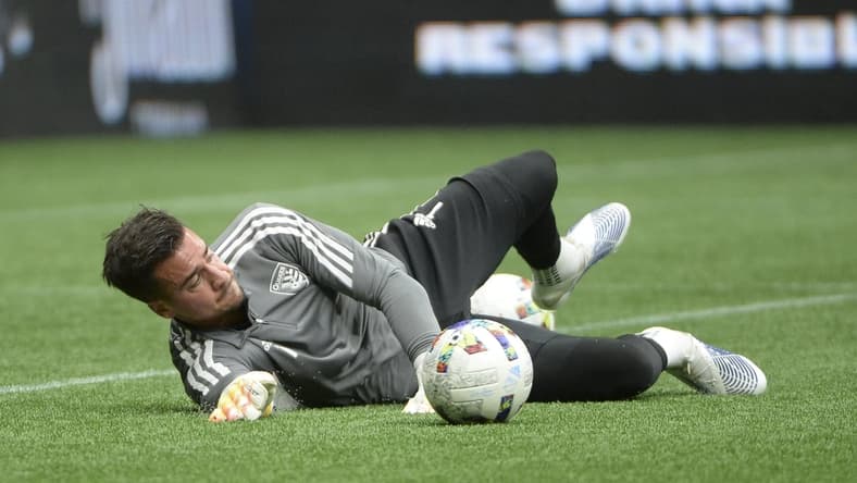May 14, 2022; Vancouver, British Columbia, CAN;  San Jose Earthquakes goalkeeper JT Marcinkowski (1) warms up against the Vancouver Whitecaps during the first half at BC Place. Mandatory Credit: Anne-Marie Sorvin-USA TODAY Sports