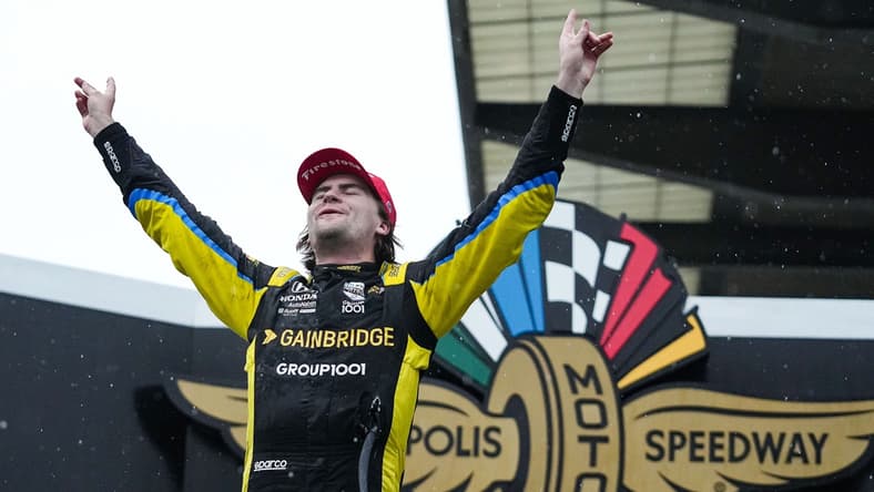 Andretti Autosport with Curb-Agajanian driver Colton Herta (26) celebrates winning the the GMR Grand Prix on Saturday, May 14, 2022, Indianapolis Motor Speedway in Indianapolis.

Auto Racing Gmr Grand Prix