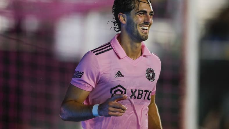 May 14, 2022; Fort Lauderdale, Florida, USA; Inter Miami CF forward Leonardo Campana (9) reacts after scoring a goal against D.C. United during the first half at DRV PNK Stadium. Mandatory Credit: Sam Navarro-USA TODAY Sports