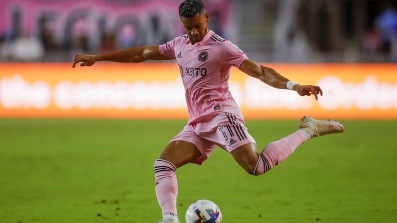 May 14, 2022; Fort Lauderdale, Florida, USA; Inter Miami CF forward Ariel Lassiter (11) delivers a cross against D.C. United during the first half at DRV PNK Stadium. Mandatory Credit: Sam Navarro-USA TODAY Sports