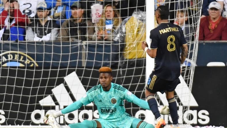 May 14, 2022; Philadelphia, Pennsylvania, USA; Philadelphia Union goalkeeper Andre Blake (18) reacts after allowing a goal against the New York Red Bulls during the second half at Subaru Park. Mandatory Credit: Eric Hartline-USA TODAY Sports