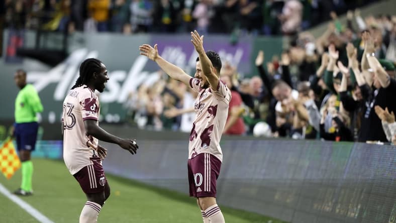 May 14, 2022; Portland, Oregon, USA; Portland Timbers midfielder Sebastian Blanco (10) celebrates after scoring a goal during the second half against the Sporting Kansas City at Providence Park. Mandatory Credit: Soobum Im-USA TODAY Sports