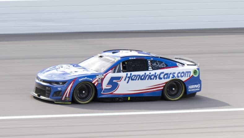 May 15, 2022; Kansas City, Kansas, USA; NASCAR Cup Series driver Kyle Larson (5) races during the AdventHealth 400 at Kansas Speedway. Mandatory Credit: Amy Kontras-USA TODAY Sports