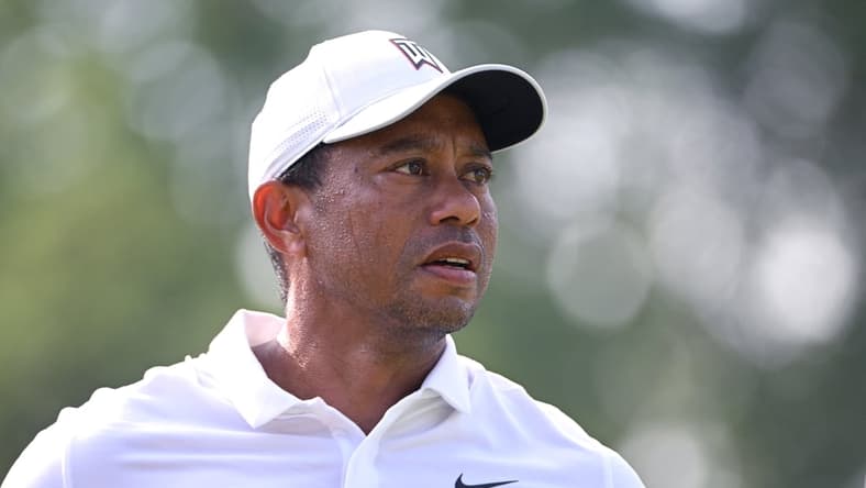 May 18, 2022; Tulsa, Oklahoma, USA; Tiger Woods looks on during a practice round for the PGA Championship golf tournament at Southern Hills Country Club. Mandatory Credit: Orlando Ramirez-USA TODAY Sports