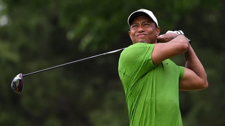 May 20, 2022; Tulsa, OK, USA;  Tiger Woods plays his shot from the seventh tee during the second round of the PGA Championship golf tournament at Southern Hills Country Club. Mandatory Credit: Orlando Ramirez-USA TODAY Sports