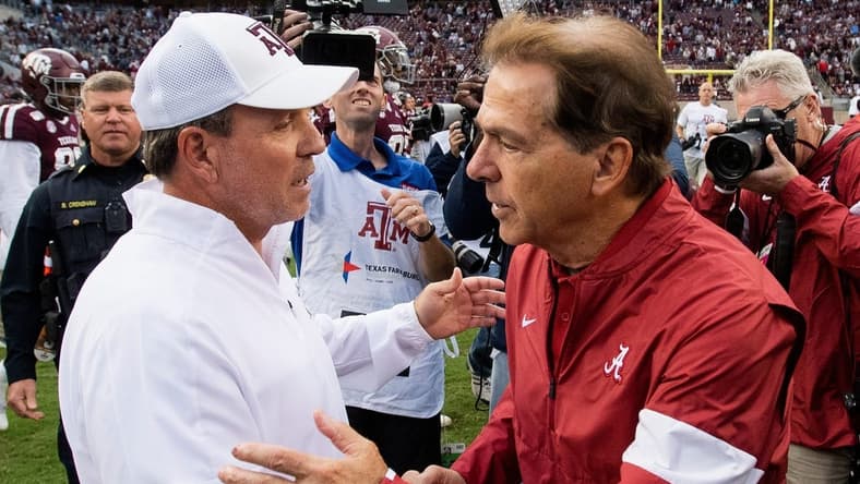Texas A&M head coach Jimbo Fisher, left, and Alabama head coach Nick Saban meet at midfield after their game in College Station, Texas, in 2019.

Xxx Img Bama667 1 1 45v20bgg Jpg