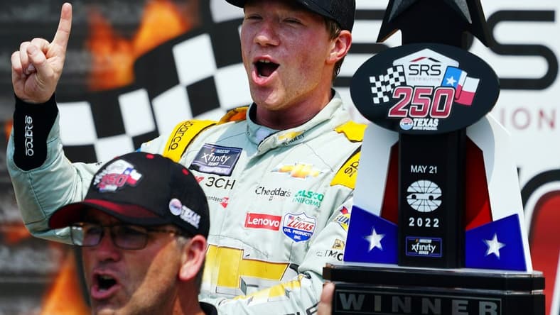 May 21, 2022; Fort Worth, Texas, USA;  Xfinity Series driver Tyler Reddick (48) celebrates in victory lane after winning the Texas 250 at Texas Motor Speedway. Mandatory Credit: John David Mercer-USA TODAY Sports