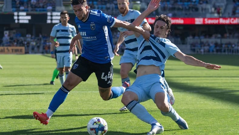 May 22, 2022; San Jose, California, USA;  San Jose Earthquakes forward Cade Cowell (44) and Sporting Kansas City defender Ben Sweat (2) fight for control of the ball during the first half at PayPal Park. Mandatory Credit: Stan Szeto-USA TODAY Sports