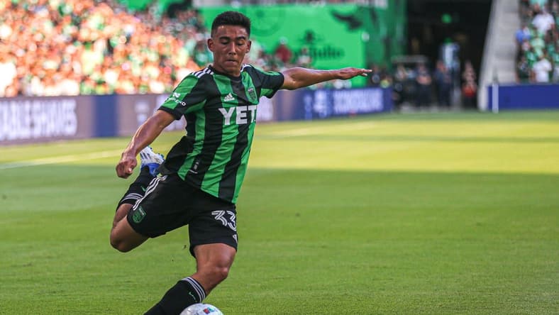 Austin FC midfielder Owen Wolff (3) lshoots the ball during the match against Orlando City SC at Q2 Stadium on May 22, 2022.

Aem Austin Fc Vs Orlando City 12