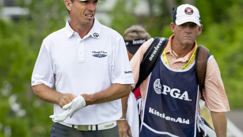 May 26, 2022; Benton Harbor, Michigan, USA; Steven Alker walks onto the eighth tee box during the first round of the 2022 KitchenAid Senior PGA Championship at Harbor Shores. Mandatory Credit: Raj Mehta-USA TODAY Sports