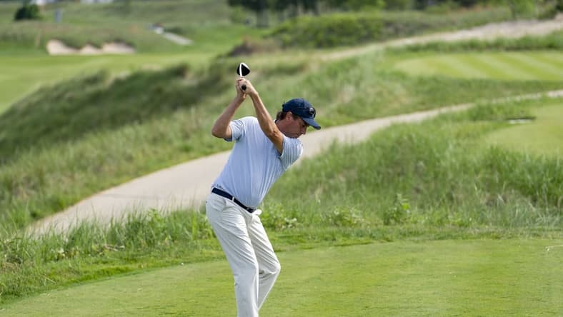 May 26, 2022; Benton Harbor, Michigan, USA; Stephen Ames hits his tee shot on the eighth hole during the first round of the 2022 KitchenAid Senior PGA Championship at Harbor Shores. Mandatory Credit: Raj Mehta-USA TODAY Sports