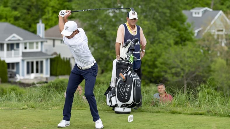 May 26, 2022; Benton Harbor, Michigan, USA; Steven Alker hits his tee shot on the eighth hole during the first round of the 2022 KitchenAid Senior PGA Championship at Harbor Shores. Mandatory Credit: Raj Mehta-USA TODAY Sports