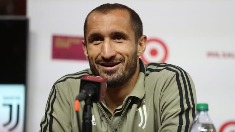 Jul 30, 2018; Atlanta, GA, USA; Juventus defender Giorgio Chiellini speaks during the Juventus and MLS All-Star team press conference with  at the MLS Digital HQ.  Mandatory Credit: Jason Getz-USA TODAY Sports