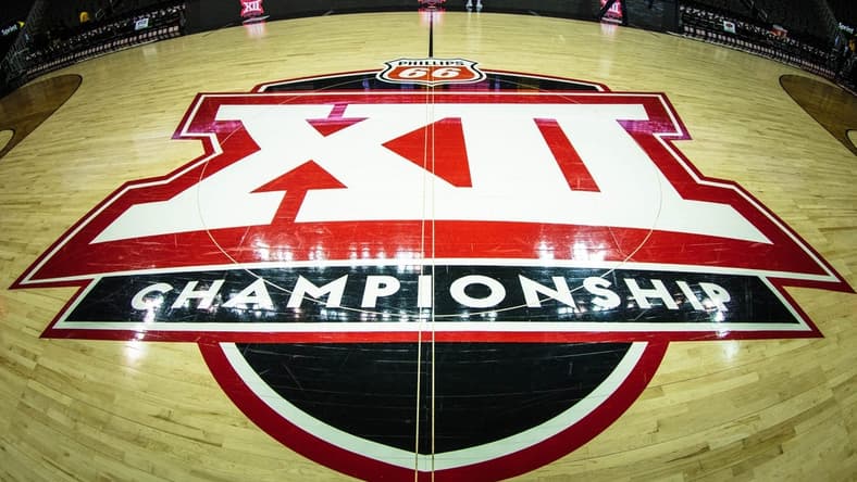 Mar 13, 2019; Kansas City, MO, USA; Big 12 logo at center court prior to the TCU Horned Frogs and the Oklahoma State Cowboys game of the first round of the Big 12 conference tournament at Sprint Center. Mandatory Credit: William Purnell-USA TODAY Sports