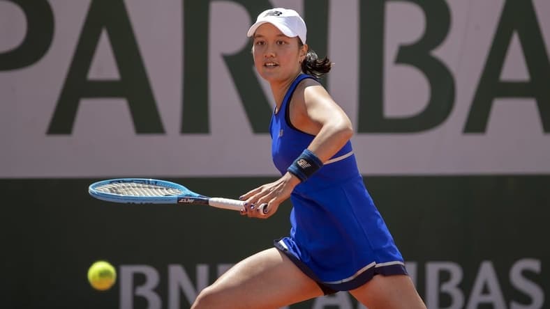 May 28, 2019; Paris, Harmony Tan (FRA) in action during her match against Amanda Anisimova (USA) on day three of the 2019 French Open at Stade Roland Garros. Mandatory Credit: Susan Mullane-USA TODAY Sports