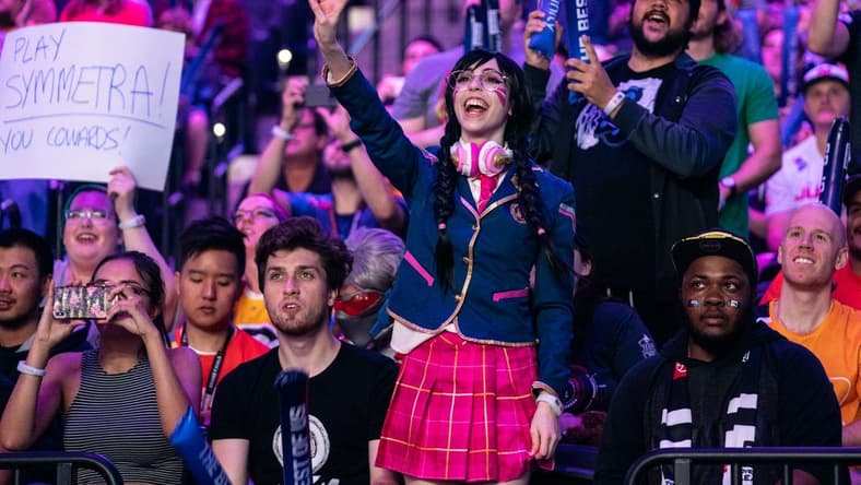 Sep 29, 2019; Philadelphia, PA, USA; Fans react during the Overwatch League Grand Finals e-sports event between the Vancouver Titans and San Francisco Shock at Wells Fargo Center. Mandatory Credit: Bill Streicher-USA TODAY Sports