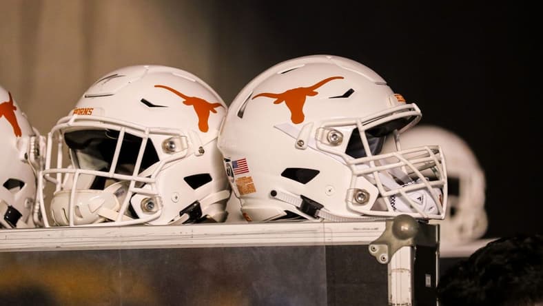 Oct 5, 2019; Morgantown, WV, USA; Texas Longhorns helmets sit in the tunnel at Mountaineer Field at Milan Puskar Stadium. Mandatory Credit: Ben Queen-USA TODAY Sports