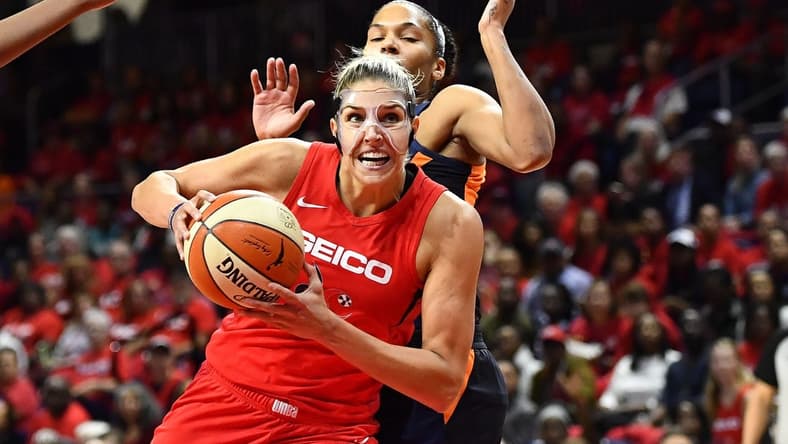 Oct 10, 2019; Washington, DC, USA; Washington Mystics forward Elena Delle Donne (11) drives to the basket against the Connecticut Sun during the first quarter in game five of the 2019 WNBA Finals at Entertainment and Sports Ar. Mandatory Credit: Brad Mills-USA TODAY Sports