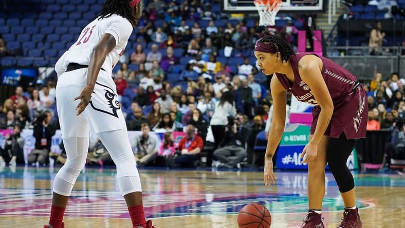Mar 7, 2020; Greensboro, North Carolina, USA; Florida State Seminoles guard Nausia Woolfolk (13) handles the ball against Louisville Cardinals guard Jazmine Jones (23) during the first half at Greensboro Coliseum. Mandatory Credit: Jim Dedmon-USA TODAY Sports
