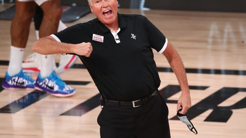 Aug 24, 2020; Lake Buena Vista, Florida, USA; Houston Rockets head coach Mike D'Antoni reacts during the second half in game four of the first round of the 2020 NBA Playoffs against the Oklahoma City Thunder at AdventHealth Arena. Mandatory Credit: Kim Klement-USA TODAY Sports
