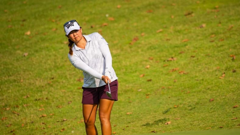 Aug 29, 2020; Rogers, AR, USA; Mina Hariage hits from the fairway of hole eight during the second round of the Walmart NW Arkansas Championship golf tournament at Pinnacle Country Club. Mandatory Credit: Gunnar Rathbun-USA TODAY Sports