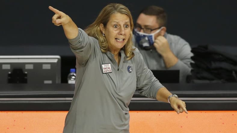 Sep 17, 2020; Palmetto, Florida, USA; Minnesota Lynx head coach Cheryl Reeve on the sidelines against the Phoenix Mercury during the first half at the FELD entertainment complex. Mandatory Credit: Reinhold Matay-USA TODAY Sports