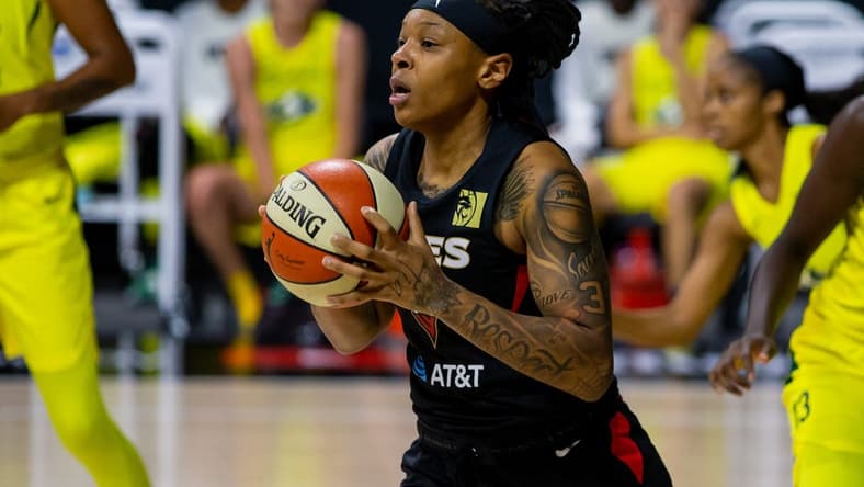Oct 2, 2020; Bradenton, Florida, USA; Las Vegas Aces forward Emma Cannon (32) during game 1 of the WNBA finals against the Seattle Storm at IMG Academy. Mandatory Credit: Mary Holt-USA TODAY Sports