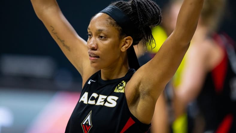 Oct 2, 2020; Bradenton, Florida, USA; Las Vegas Aces center A'ja Wilson (22) plays defense during game 1 of the WNBA finals against the Seattle Storm at IMG Academy. Mandatory Credit: Mary Holt-USA TODAY Sports