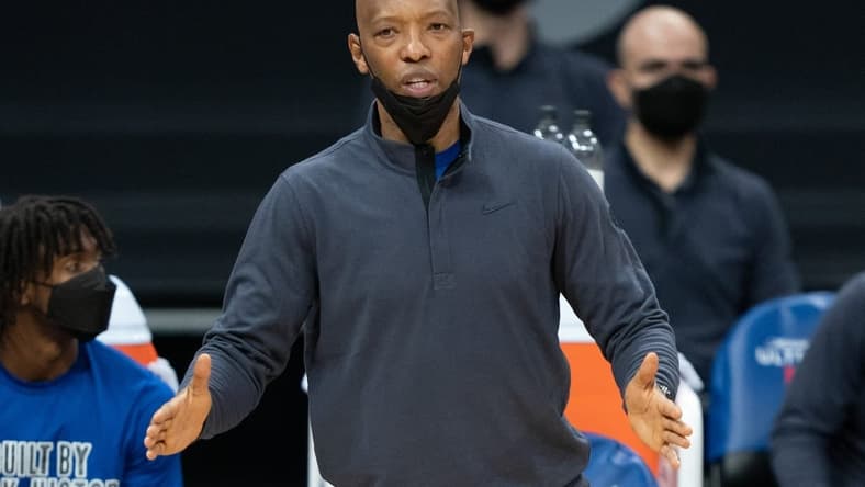 February 9, 2021; Sacramento, California, USA; Philadelphia 76ers assistant coach Sam Cassell during the third quarter against the Sacramento Kings at Golden 1 Center. Mandatory Credit: Kyle Terada-USA TODAY Sports