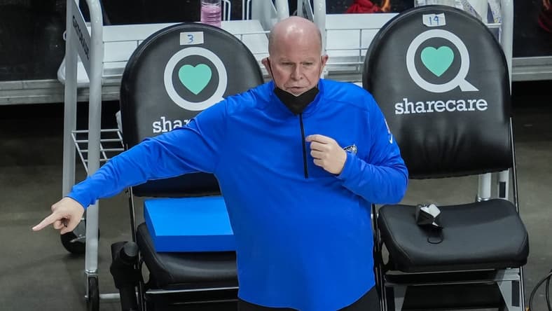 Apr 20, 2021; Atlanta, Georgia, USA; Orlando Magic head coach Steve Clifford shown on the sideline against the Atlanta Hawks during the second half at State Farm Arena. Mandatory Credit: Dale Zanine-USA TODAY Sports