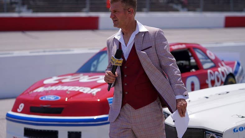 May 9, 2021; Darlington, South Carolina, USA; Fox Sports analyst and former NASCAR driver Clint Bowyer on pit road prior to the Goodyear 400 at Darlington Raceway. Mandatory Credit: Jasen Vinlove-USA TODAY Sports