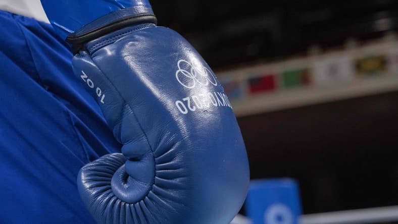 Aug 1, 2021; Tokyo, Japan; Detail of the glove of Duke Ragan (USA) in the men's feather (52-57kg) boxing during the Tokyo 2020 Olympic Summer Games at Kokugikan Arena. Mandatory Credit: Andrew P. Scott-USA TODAY Sports