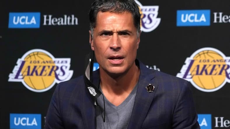Aug 10, 2021; Los Angeles, California, USA; Los Angeles Lakers general manager Rob Pelinka at press conference at Staples Center. Mandatory Credit: Kirby Lee-USA TODAY Sports