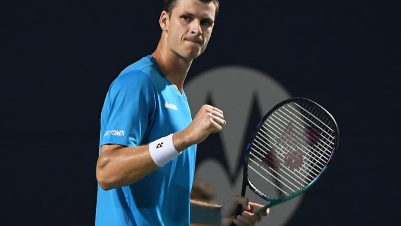 Aug 12, 2021; Toronto, Ontario, Canada;  Hubert Hurkacz of Poland reacts after winning a game against Nikoloz Basilashvili of Georgia during fourth round play in the National Bank Open at Aviva Centre. Mandatory Credit: Dan Hamilton-USA TODAY Sports