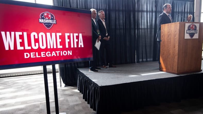 CONCACAF President and FIFA Vice President Victor Montagliani takes questions form the media during a press conference at Nissan Stadium Thursday, Sept. 16, 2021 in Nashville, Tenn. A 24-member visiting delegation from FIFA and CONCACAF spent the day in Nashville touring Nissan Stadium and viewing potential Fan Fest sites downtown as the city tries to become a host site for the FIFA World Cup in 2026.

Nas Fifa World Cup Visit 005