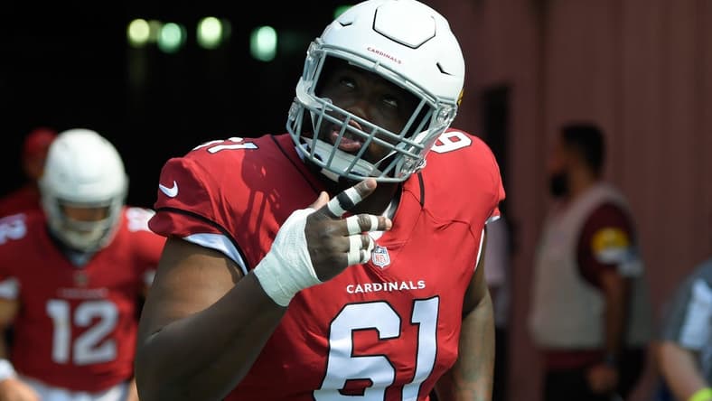 Sep 12, 2021; Nashville, Tennessee, USA; Arizona Cardinals center Rodney Hudson (61) takes the field during the first half against the Tennessee Titans at Nissan Stadium. Mandatory Credit: Steve Roberts-USA TODAY Sports