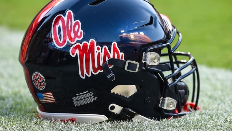 Oct 16, 2021; Knoxville, Tennessee, USA; Mississippi Rebels helmet on the field before a game between the Tennessee Volunteers and Mississippi Rebels at Neyland Stadium. Mandatory Credit: Bryan Lynn-USA TODAY Sports