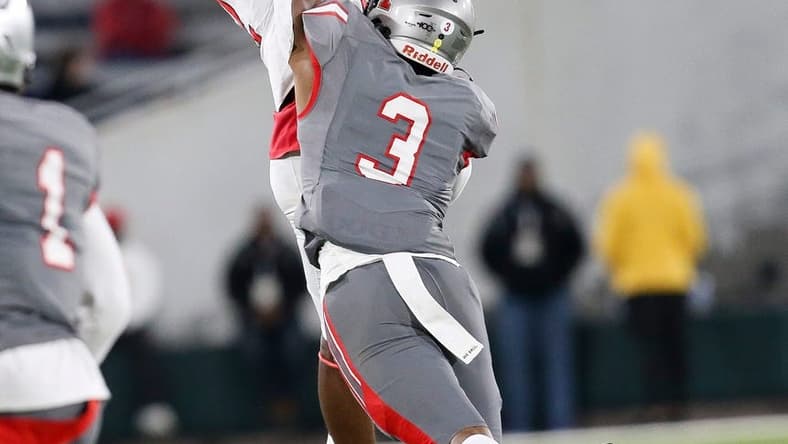 Thompson defensive back Tony Mitchell (3) breaks up a pass intended for Central wide receiver Karmello English (2) during the 7A state championship game in Birmingham Wednesday, Dec. 1, 2021. [Staff Photo/Gary Cosby Jr]

7a Championship Central Vs Thompson