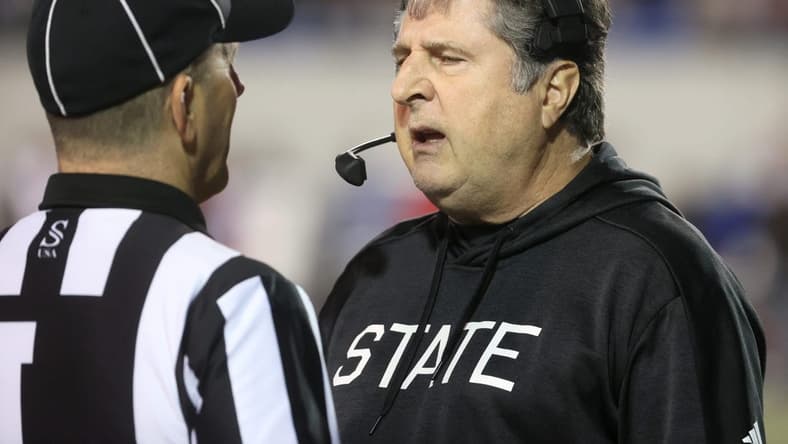 Mississippi State Bulldogs Head Coach Mike Leach talks to the referee after a turnover by his team to the Texas Tech Red Raiders during the AutoZone Liberty Bowl at Liberty Bowl Memorial Stadium on Tuesday, Dec. 28, 2021.

Jrca6433