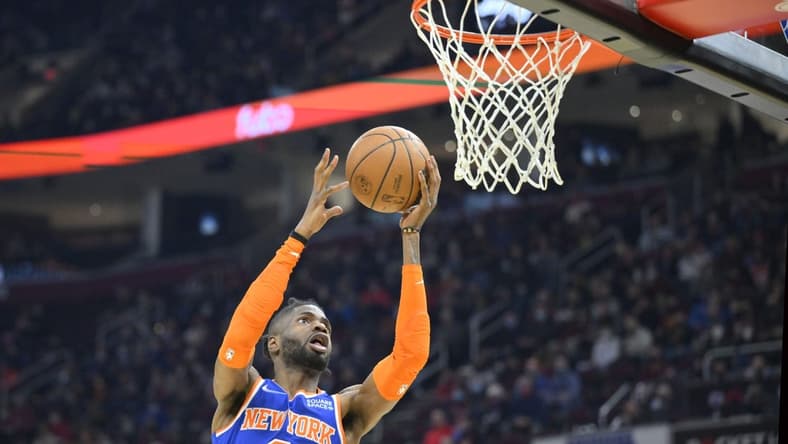 Jan 24, 2022; Cleveland, Ohio, USA; New York Knicks center Nerlens Noel (3) drives to the basket in the second quarter against the Cleveland Cavaliers at Rocket Mortgage FieldHouse. Mandatory Credit: David Richard-USA TODAY Sports