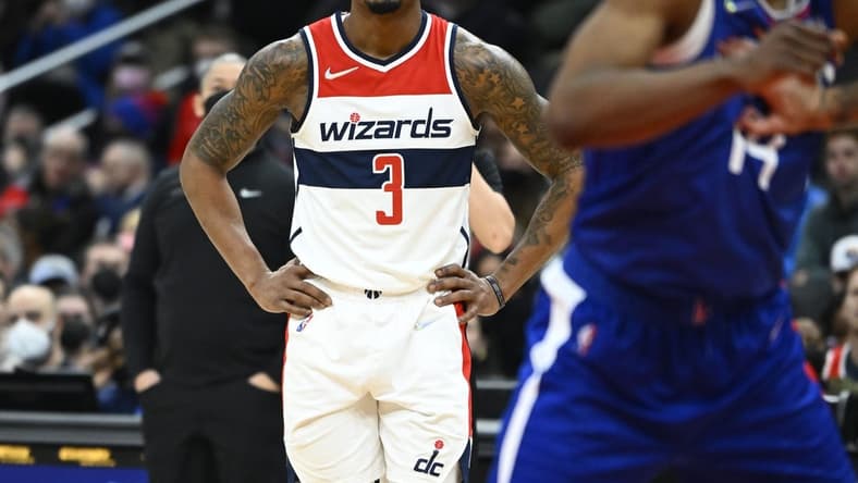Jan 25, 2022; Washington, District of Columbia, USA; Washington Wizards guard Bradley Beal (3) reacts during the second half against the LA Clippers at Capital One Arena. Mandatory Credit: Brad Mills-USA TODAY Sports