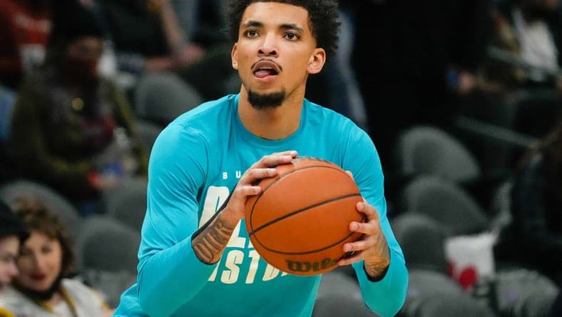 Feb 12, 2022; Charlotte, North Carolina, USA; Charlotte Hornets guard James Bouknight (5) before the start between the Charlotte Hornets and the Memphis Grizzlies at the Spectrum Center. Mandatory Credit: Jim Dedmon-USA TODAY Sports