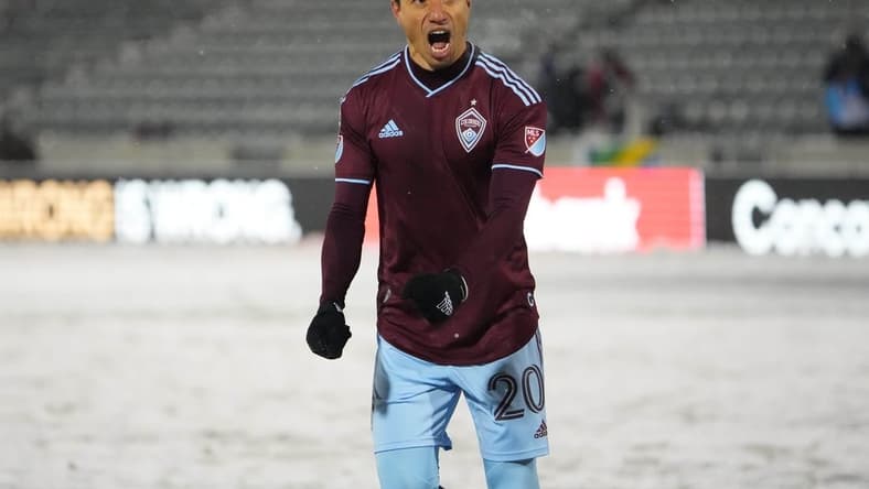 Feb 23, 2022; Commerce City, CO, USA; Colorado Rapids midfielder Nicolas Mezquida (20) celebrates his penalty kick shootout goal against the Comunicacionese FC at Dick's Sporting Goods Park. Mandatory Credit: Ron Chenoy-USA TODAY Sports