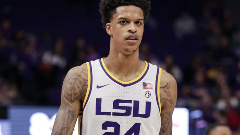 Feb 26, 2022; Baton Rouge, Louisiana, USA;  LSU Tigers forward Shareef O'Neal (24) looks on during the second half against the Missouri Tigers at the Pete Maravich Assembly Center. Mandatory Credit: Stephen Lew-USA TODAY Sports